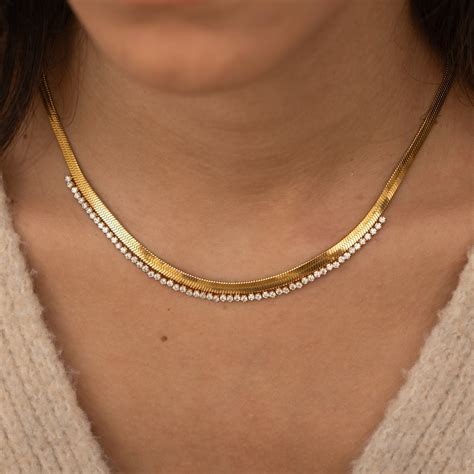 Gold Herringbone Diamond Necklace Layering Statement Necklace Vintage ...