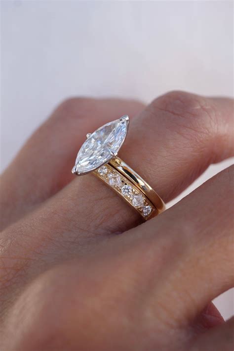 Marquise Diamond Engagement Ring Yellow Gold Wedding Band Ring Stack ...