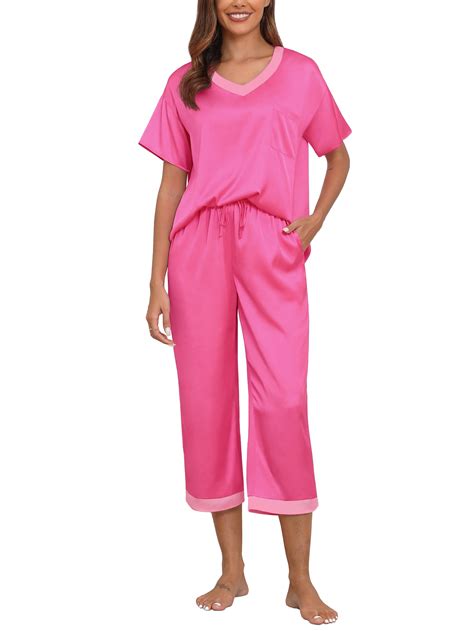 MINTREUS Women's Pajama Set Short Sleeved V-Neck Pajama Silk 2-Piece ...