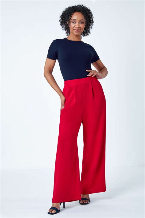 Red Petite Wide Leg Stretch Trousers | Roman UK