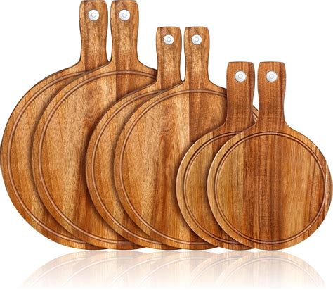 Amazon.com: Lallisa 6 Pcs Acacia Wood Cutting Board with Handle, Round ...