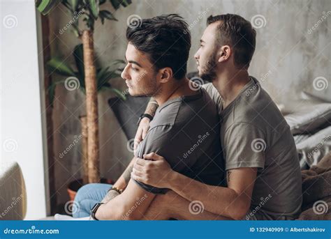 Two Caucasian Gay Guys Hugging and Having Fun in Bed Indoors Stock ...