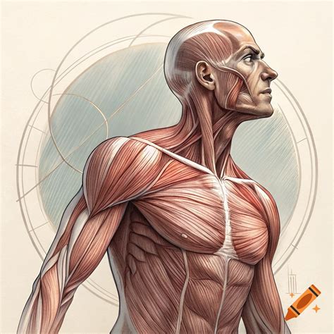 Detailed illustration of an old man's face next to exposed thigh muscles, rendered with ...