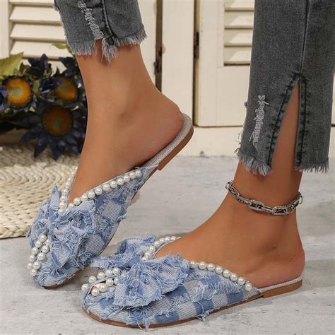 Jacenvly 2024 New Women's New Summer Bow-Tied Denim Sandals with Bun ...