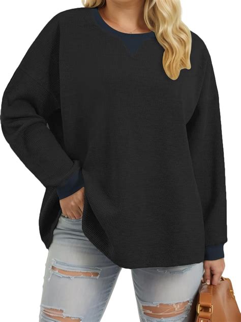 Amazon.com: VISLILY Plus Size Black Top Dressy Waffle Knit Shirt Trendy ...