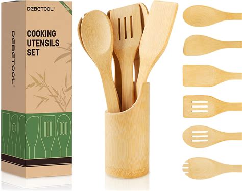 Amazon.com: DEBETOOL Bamboo Cooking Utensil Set - Natural Bamboo Wooden ...