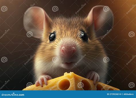 Close-up of Mouse S Cute Face, with Mouth Full of Cheese Stock ...