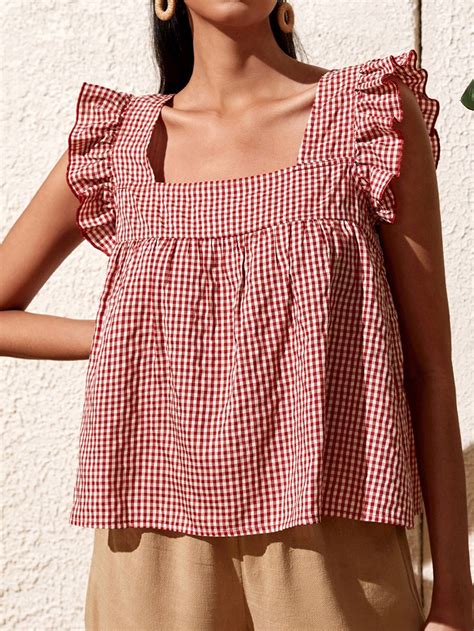 Blusa con estampado de guingán ribete con fruncido | Fashion outfits ...