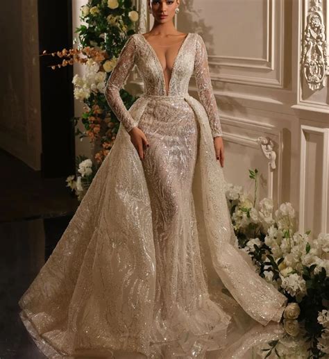 Customizable Detachable Mermaid Wedding Dress With Long Sleeves, V Neck, Appliques, Sequins ...