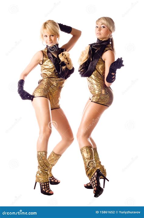 Attractive Go-go Girls in Gold Costumes on White Stock Photo - Image of ...