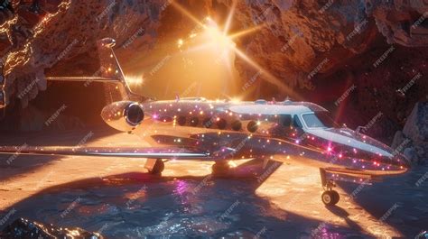 Premium Photo | A small plane is parked in a cave covered in sparkling ...