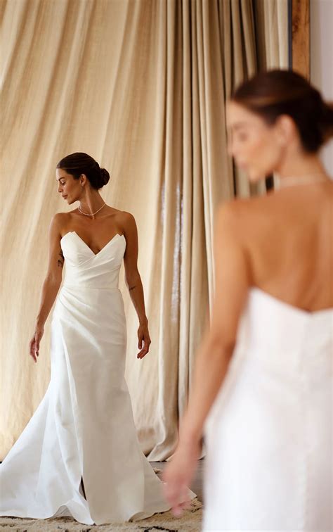 Modern Strapless Silk A-Line Wedding Dress with Long Cathedral Train - martina liana 1557