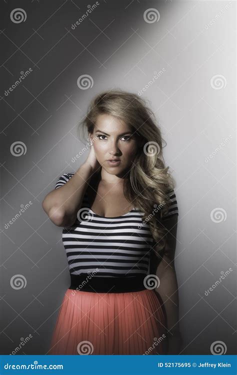 Blonde Latina Girl Striped Top Pink Dress Stock Image - Image of moody ...