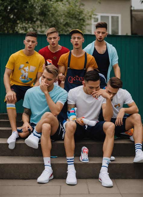 Lexica - Group of Skinny Guys smelling sneakers tik tok jocks, gay, sniffing socks