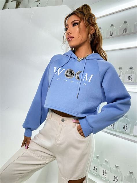 Moon And Letter Graphic Raglan Sleeve Drawstring Crop Hoodie | Cropped ...