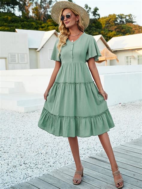 Flutter Sleeve Button Front Ruffle Hem Dress | Short sleeve summer ...