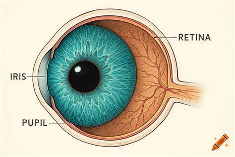 Detailed diagram of a human eye in cross-section, labeling the iris, pupil, and retina, with an ...