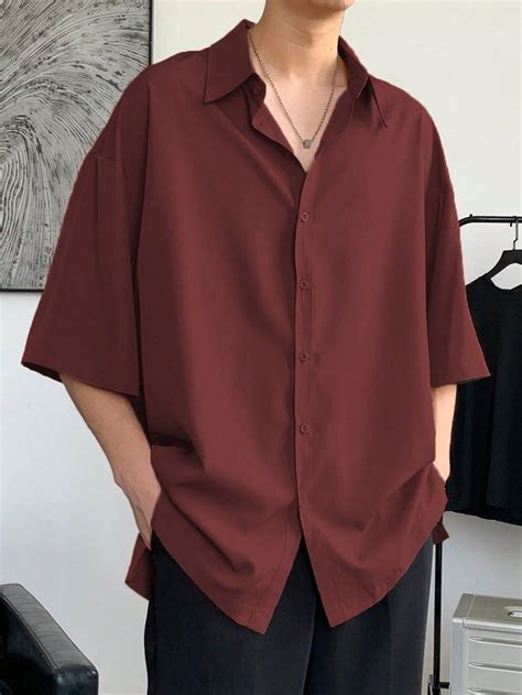 Guys Solid Drop Shoulder Button Up Shirt | Red shirt men, Shirt outfit ...