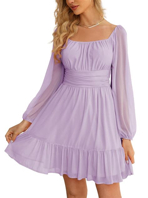 Wenrine Women's Mesh Long Sleeve Square Neck Dress High Waist A Line ...