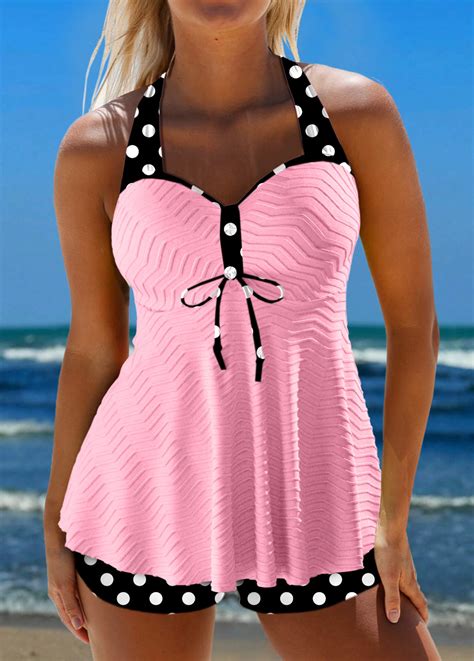 Jacquard Polka Dot Light Pink Tankini Set | modlily.com - USD 41.98
