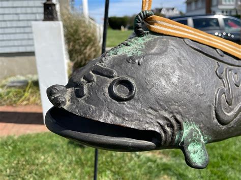 Japanese Huge Antique Cast Bronze Fish Bell Gong with Hardwood Striker ...