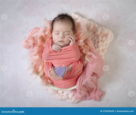 Portrait Sleeping Newborn Baby Holding Heart between Feet Stock ...