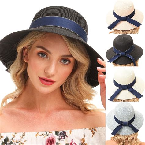 Women Sun Hat Summer Straw Hat Floppy Beach Hat Wide Brim UV Protection ...
