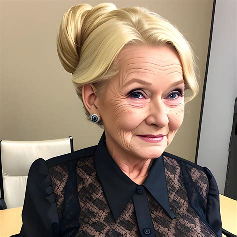 75 year old granny very busty blonde updo hair sexy office work, lace satin blouse , - Arthub.ai