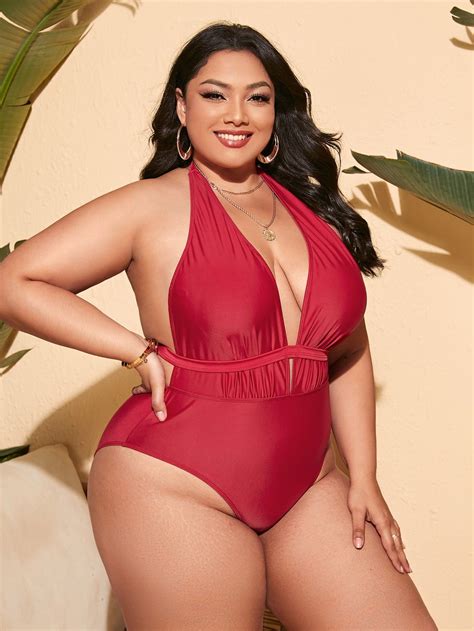 Plus Ruched Plunging One Piece Swimsuit | Plunging one piece swimsuit ...