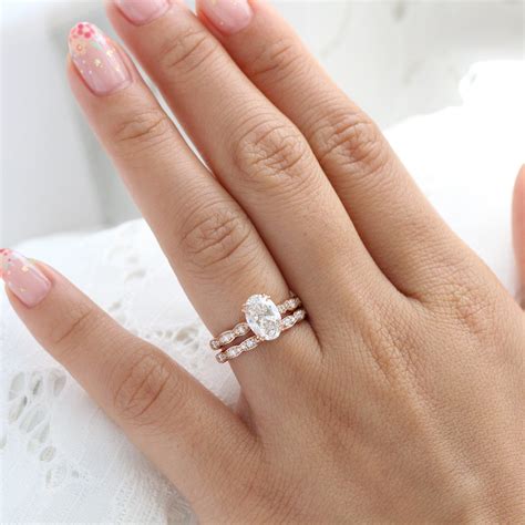 Large Oval Lab Diamond Ring Bridal Set Rose Gold Solitaire Ring Stack ...