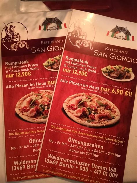 Menu at Ristorante San Giorgio restaurant, Berlin, Waidmannsluster Damm 168