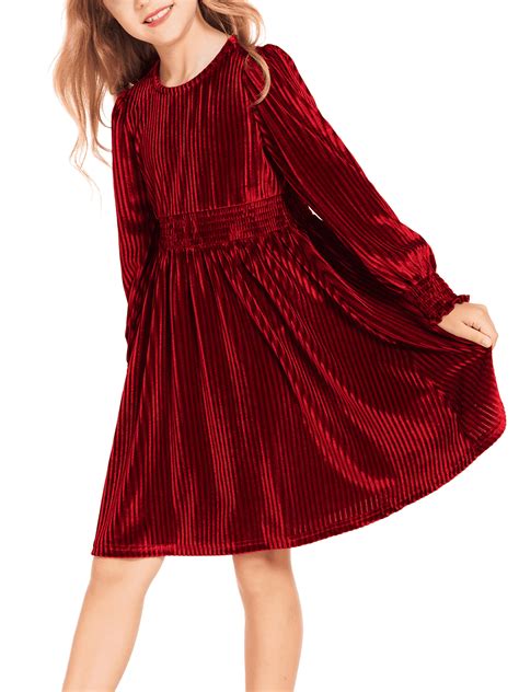 Oudiya Girls Velvet Long Sleeve Dress Crew Neck Winter Fall Vintage ...