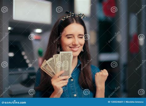 Excited Woman Receiving Salary at ATM Teller Machine Stock Image - Image of deposit, checkout ...
