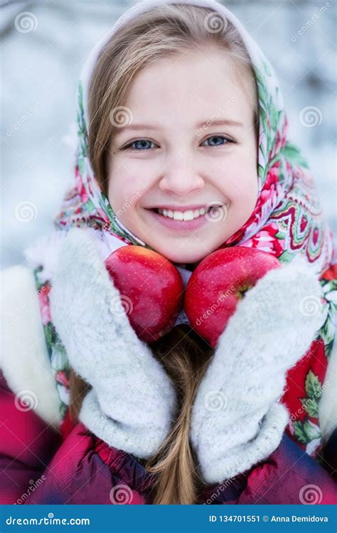 Beautiful Teen Girl in Russian National Clothes with Red Apples in ...