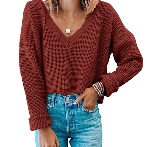 dtydtpe cropped sweater womens v neck knt cropped top long sleeve ...