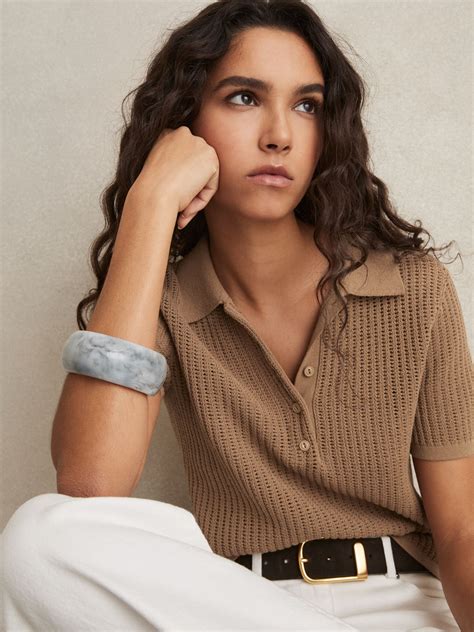 Reiss Cotton-Blend Open-Knit Polo Shirt in Tan - REISS