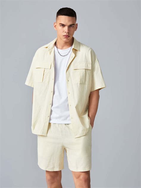 Men Solid Flap Detail Drop Shoulder Shirt & Shorts Set | Mens outfits ...