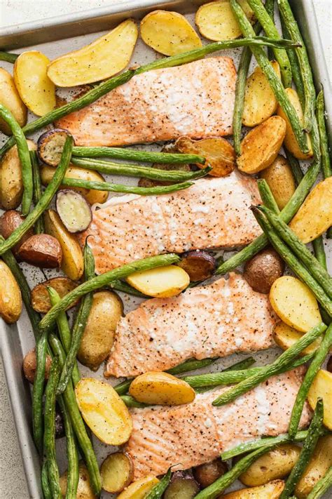 Sheet Pan Salmon and Green Beans with Potatoes - The Dizzy Cook