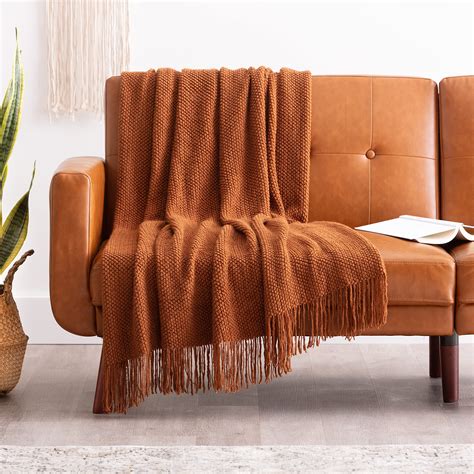 Chanasya Textured Knitted Rust Brown Throw Blanket with Tassels - Soft ...