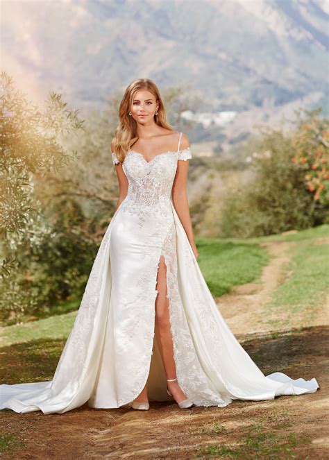 Mermaid Beaded Ivory Lace Satin Side Slit Wedding Dress With Detachable Train
