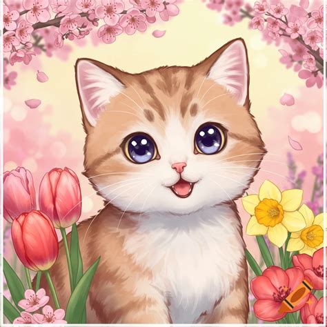 A cute anime-style cat with large eyes sits among pink tulips, yellow ...