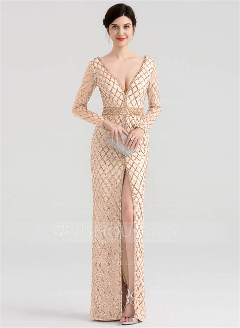 Sheath/Column V-neck Floor-Length Sequined Evening Dress With Beading ...