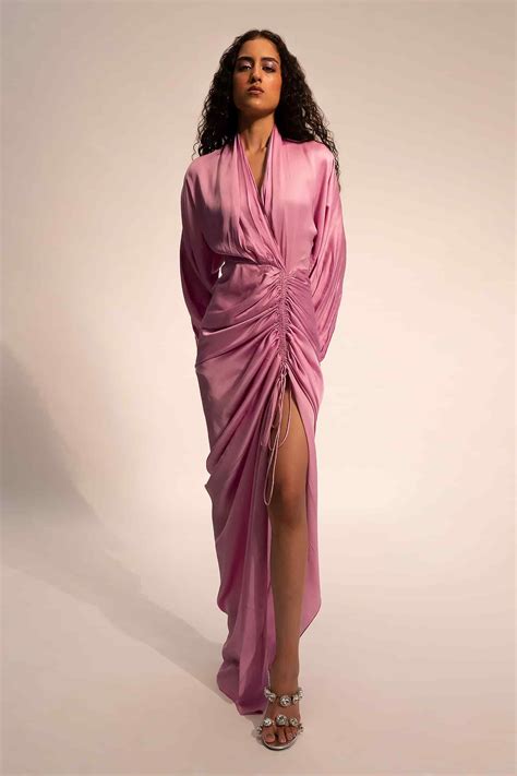 Buy Purple Modal Satin Plain Shawl Collar Haze Pleated Draped Dress For ...