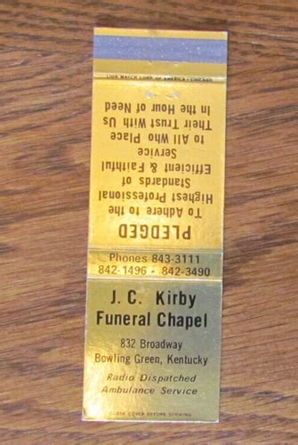 JC KIRBY FUNERAL HOME MATCHBOOK COVER: BOWLING GREEN, KY EMPTY ...