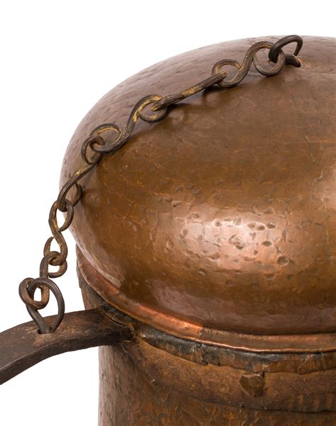 Spanish Hammered Copper Container with Wrought Iron Handle, Chained Lid ...