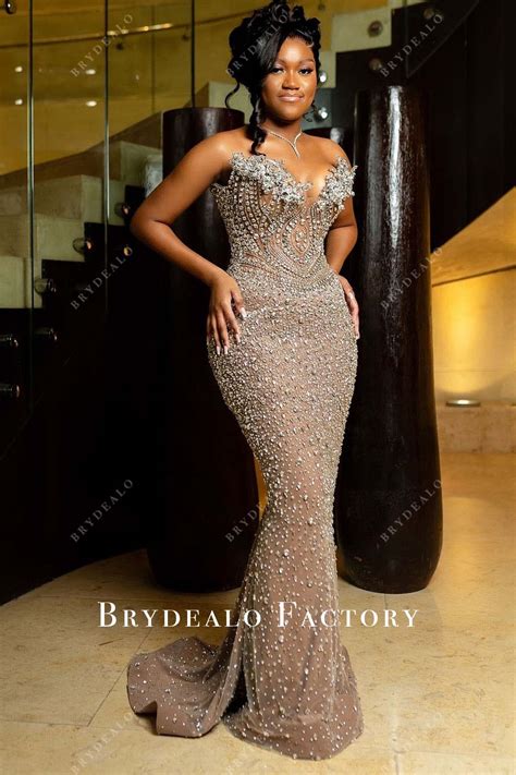 Rhinestones Nude Strapless V-Neck Mermaid Prom Dress