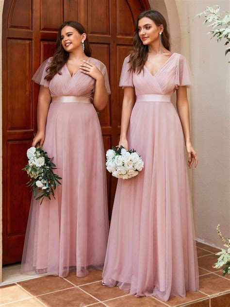 ever MISTE|Double V-Neck Floor-Length Short Sleeve Tulle Bridesmaid ...