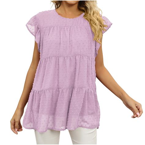 fatyb Women's Dressy Tops Poms Ruffle Short Sleeve Crewneck Flowy ...