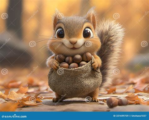 A Happy Squirrel Carrying a Sack Full of Acorns in Autumn. Generative ...