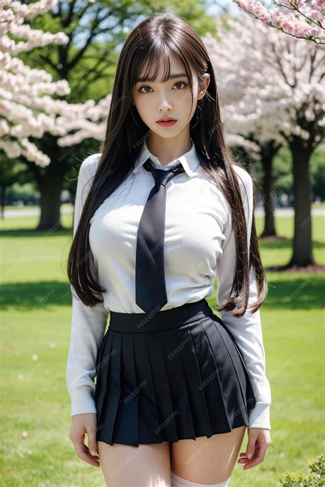 Premium Photo | A beautiful Asian girl with long legs is wearing a school uniform pose looking ...